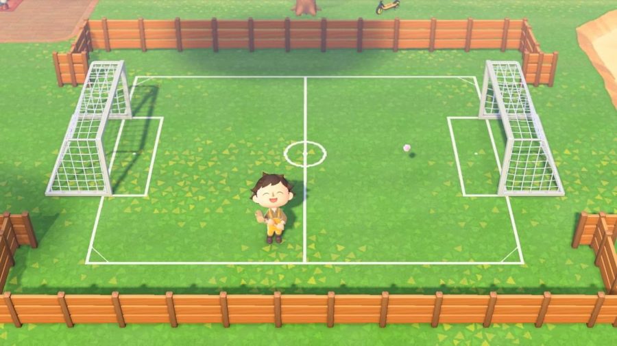 どうぶつの森のキャラクターがサッカー場に立っていた