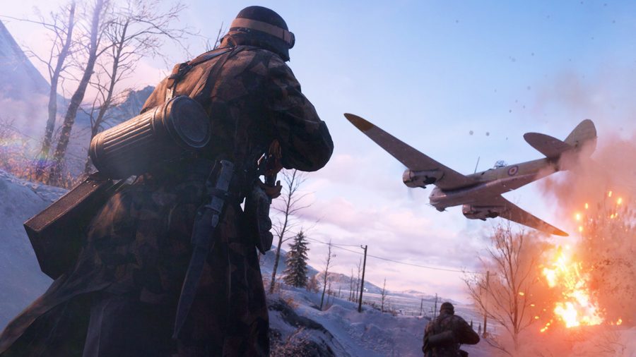「Battlefield 5」で兵士の上空で飛行機が墜落