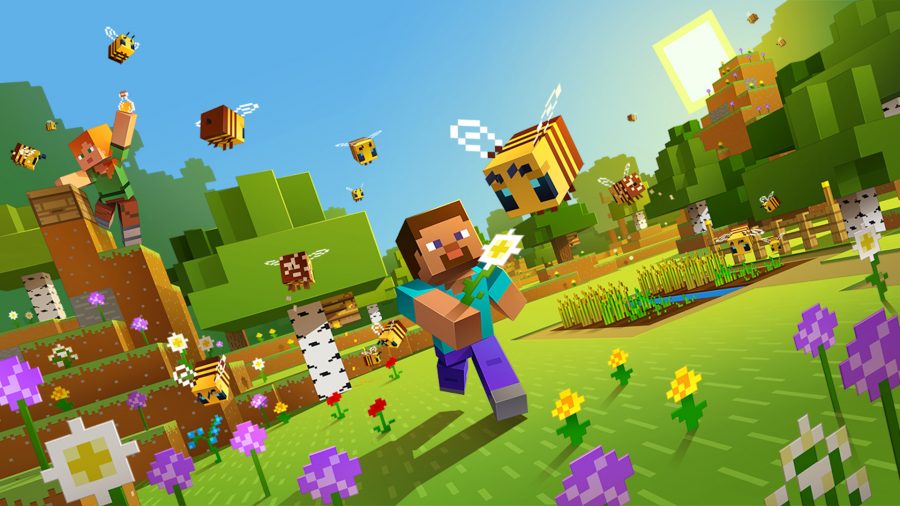 緑豊かな森で蜂を追いかける Minecraft のスティーブ