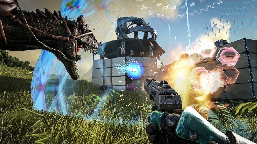 プレイヤーが基地に向かって発砲すると恐竜が吠える