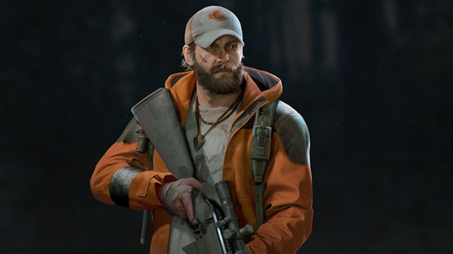 ベストバック4ブラッドキャラクター：ジムはオレンジ色のジャケットを着て狙撃銃を持っています