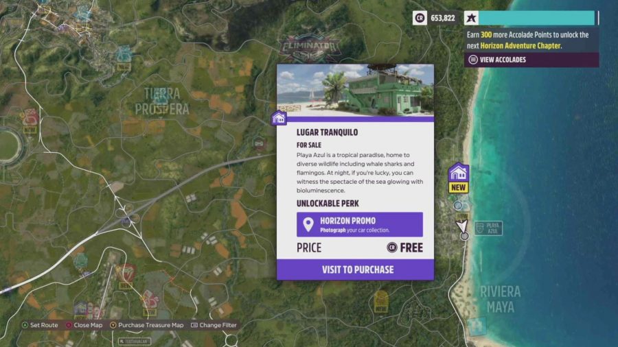 Forza Horizo​​n 5プレーヤーハウス：LugarTranquiloプレーヤーハウスの場所を示すマップ。