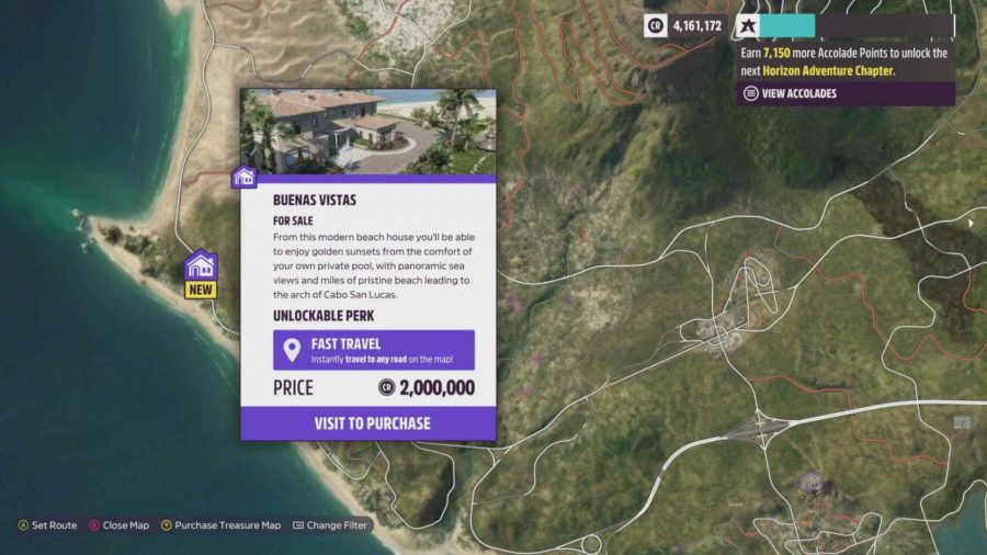 Forza Horizo​​n 5プレーヤーハウス：ブエナスビスタハウスの場所を示すマップ。