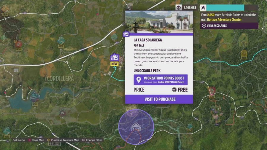 Forza Horizo​​n 5プレーヤーハウス：La CasaSolariegaハウスの場所を示すマップ