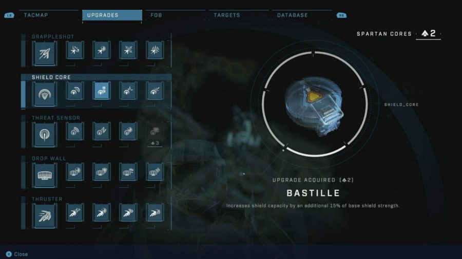 Halo Infinite Best Upgrades：バスティーユのアップグレードを示すメニュー