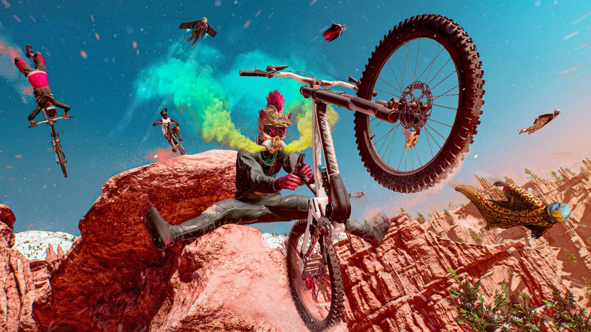 PS5レーシングゲーム：スタンマンが空中に吊るされたBMXバイクからトリックを行う