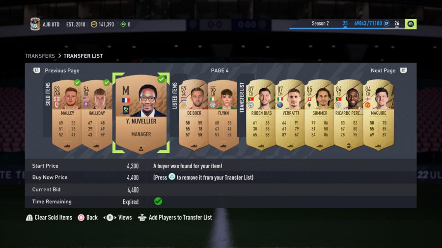 FIFA 22 Bronze PAck Methid：販売済みおよび販売中のプレーヤーを示す転送リスト