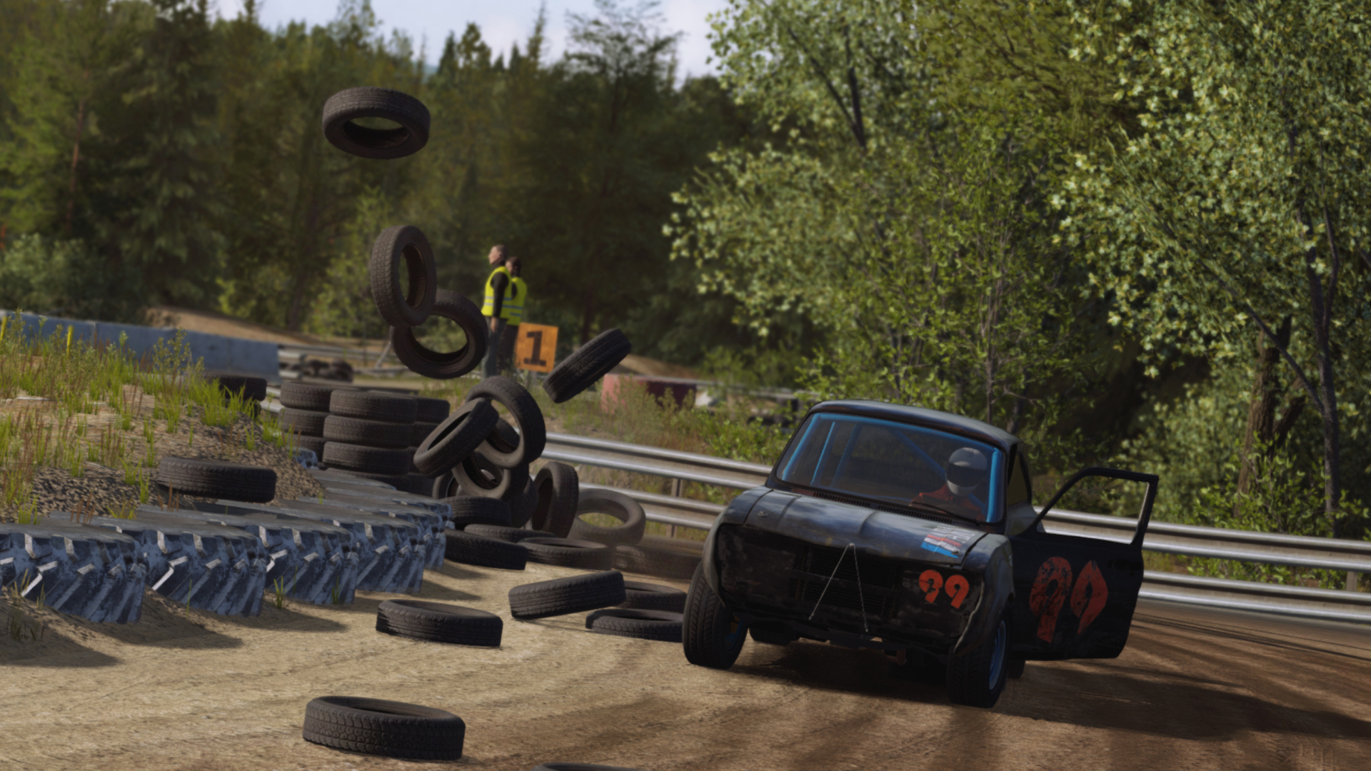 Xboxレーシングゲーム：ゴミ箱に入れられた車がWreckfestでタイヤにぶつかる