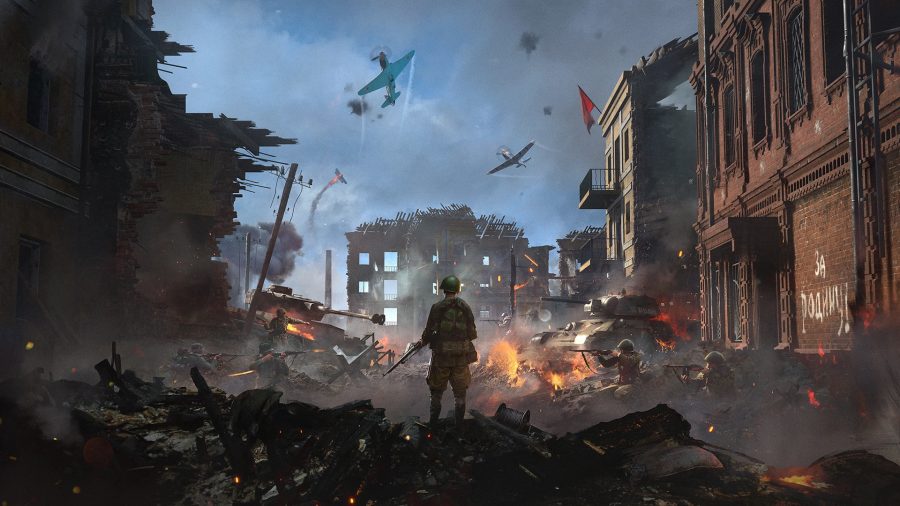 Hell Let Loose 2021：飛行機が上空を飛んでいる間、兵士が建物の廃墟に立っています