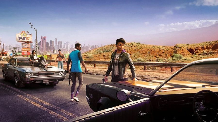Xbox Game Pass 2022の初日発売：新しい聖人が駐車中の車の周りの高速道路に立っているのを見ることができます。