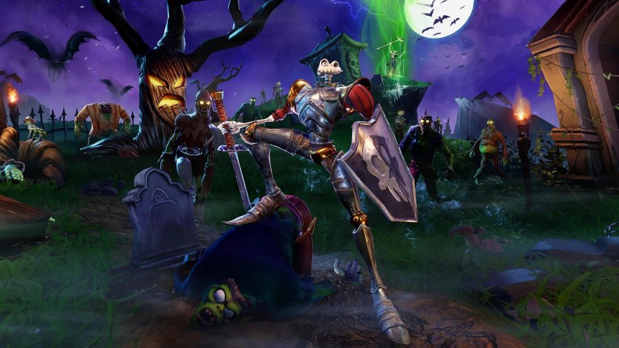 PS Plus 2022年2月の無料ゲーム：ダニエル・フォルテスク卿が墓地の真ん中に立っており、背後にさまざまなキャラクターやグールがいます。