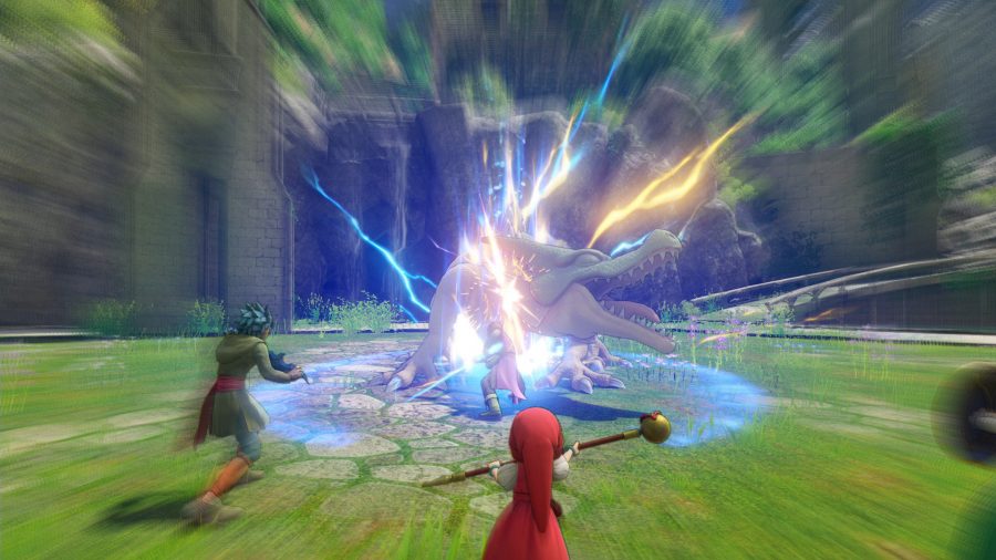 Xbox RPGゲーム：ドラゴンクエストで2人のキャラクターがドラゴンを攻撃する