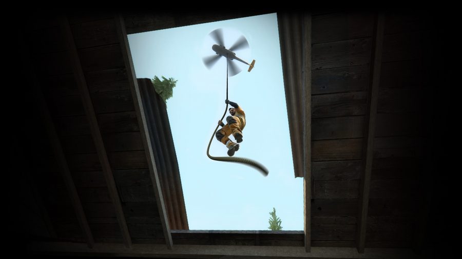 最高のバトルロワイヤルゲーム：オレンジ色のジャンプスーツを着た男がCS：GOs DangerZoneのヘリコプターからロープを降ります