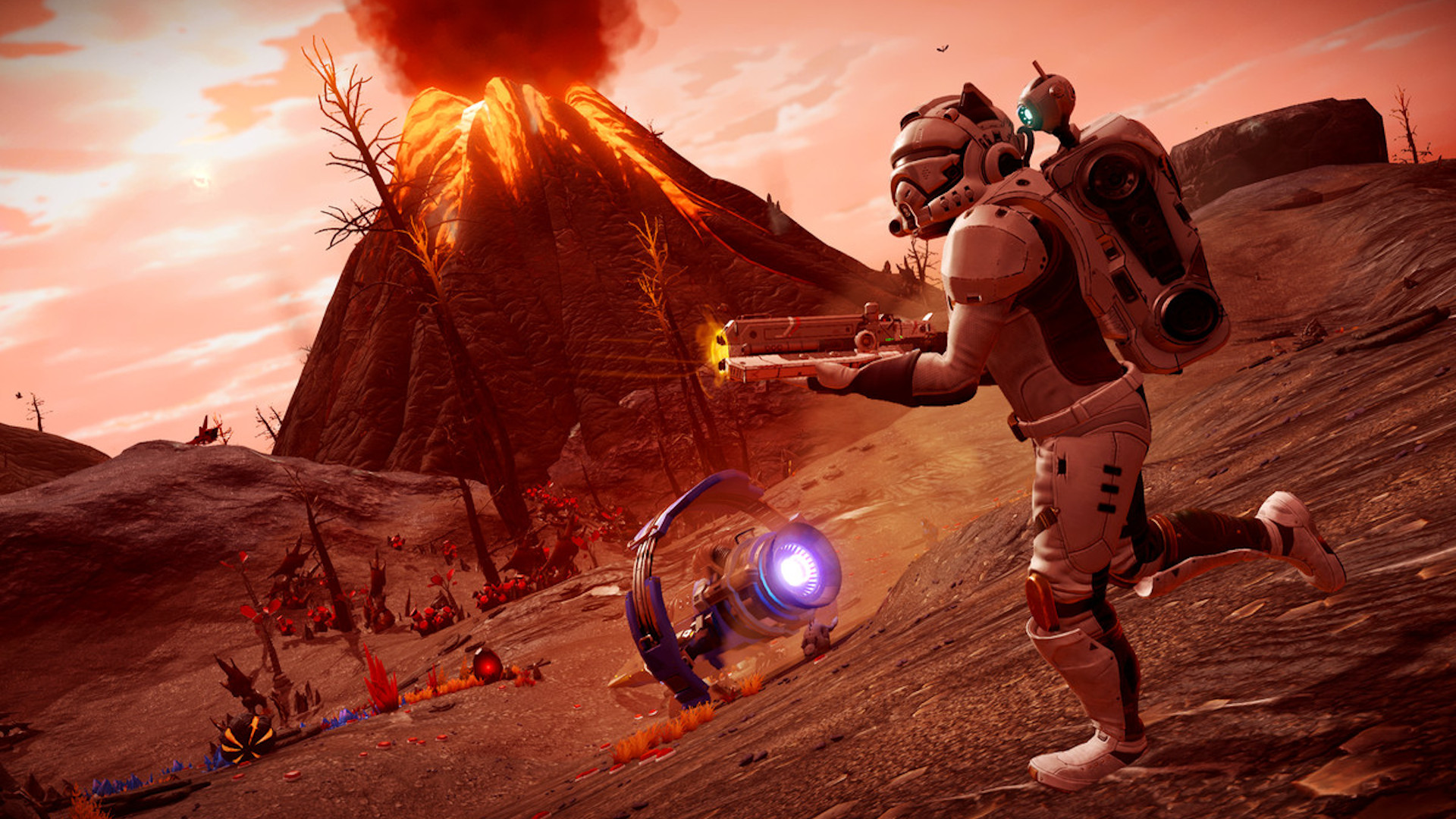 PS5オープンワールドゲーム：溶岩を積んだ惑星を歩きながら、宇宙探検家が銃を構えます