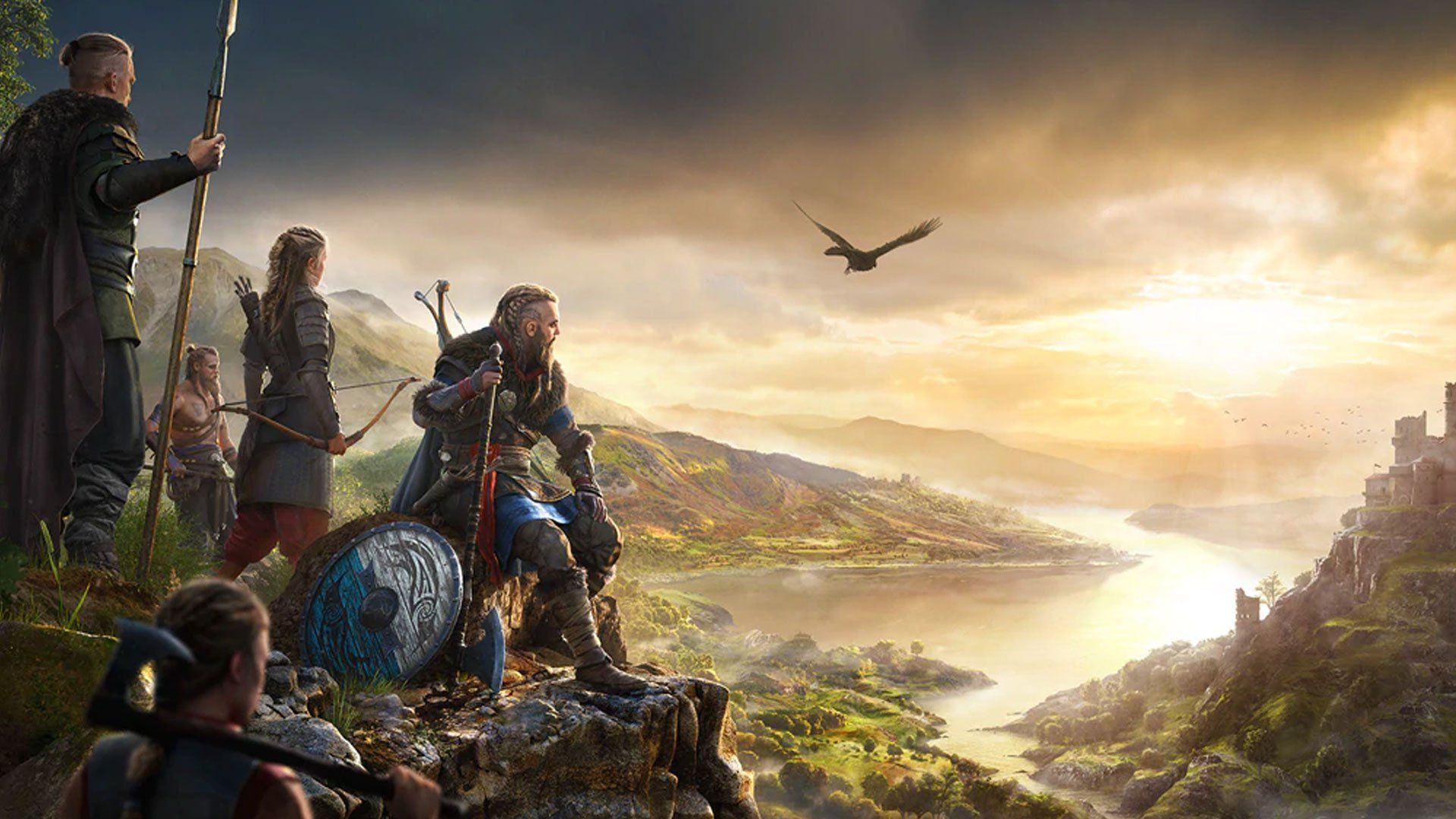 PS5オープンワールドゲーム：Eivorは、アサシンクリードヴァルハラでイングランドを見下ろす崖の上に座っています