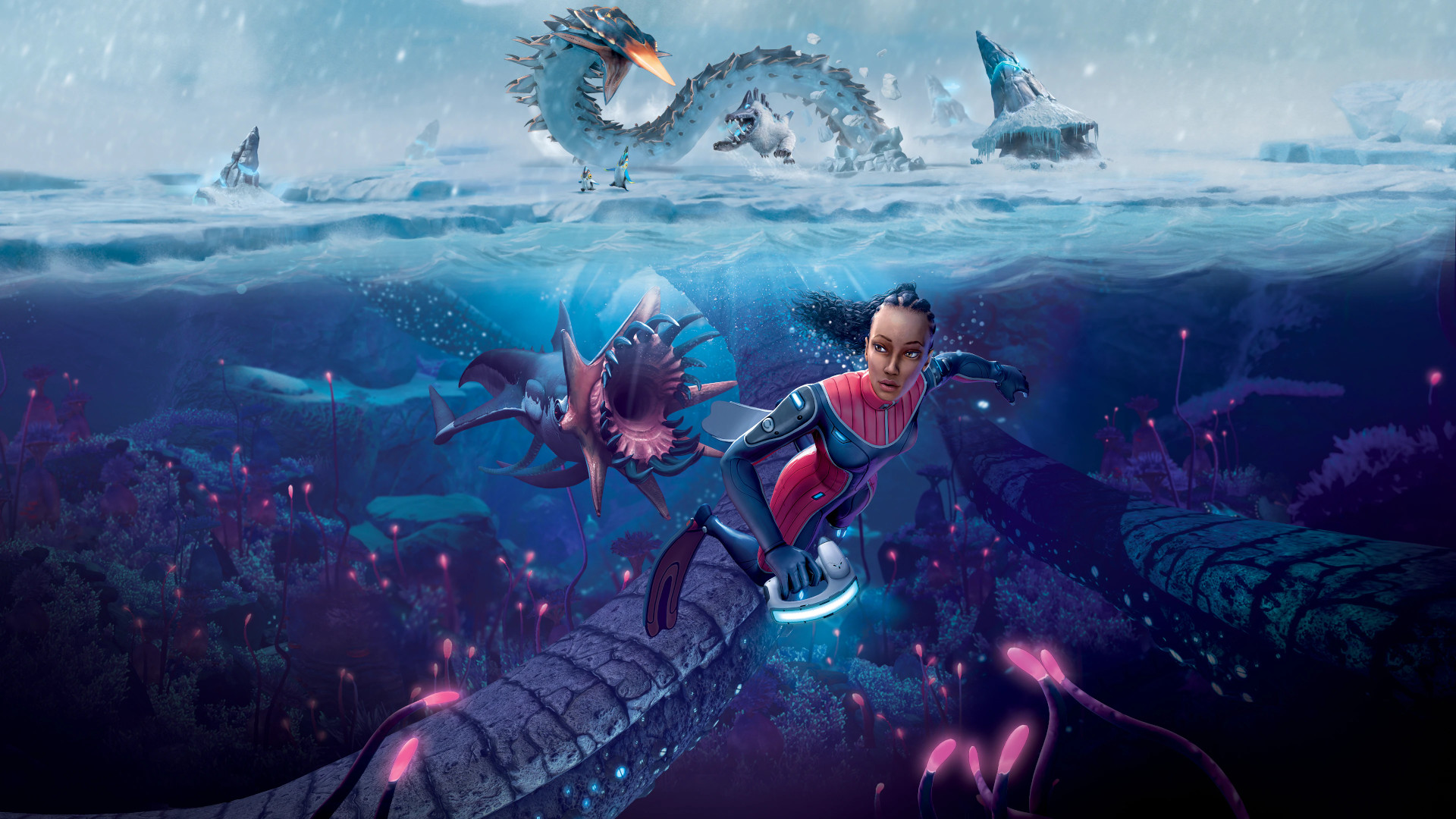 PS5オープンワールドゲーム：モンスターが迫り来る中、ダイバーがSubnautica：BelowZeroで水面に泳ぎます