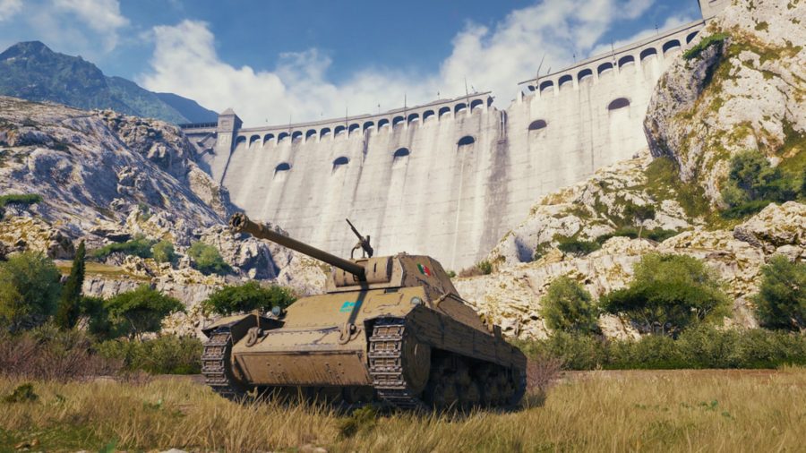 無料のシューティングゲーム：戦車が丘の上にあり、背後にダムの壁があります
