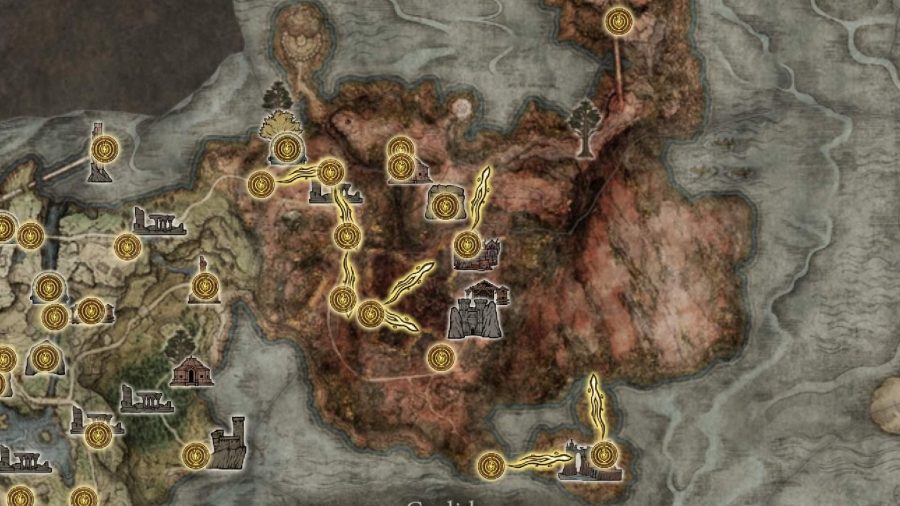 Elden Ring Runeの農業スポット：地図は、CaelidRuneの農業スポットの場所を示しています。
