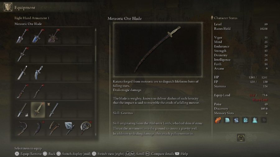Elden Ring Weapon Tier List：Meteoric OreBladeはメニューで見ることができます