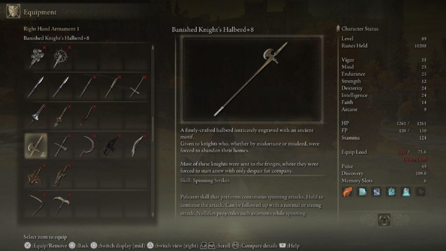 Elden Ring Weapon Tier List：Banished Knight'sHalberdはメニューで見ることができます