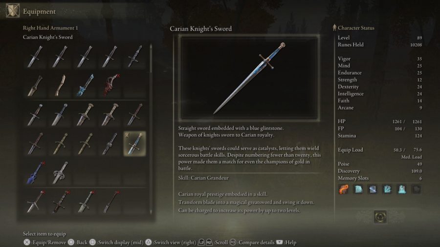 Elden Ring Weapon Tier List：Carian Knight'sSwordがメニューに表示されます