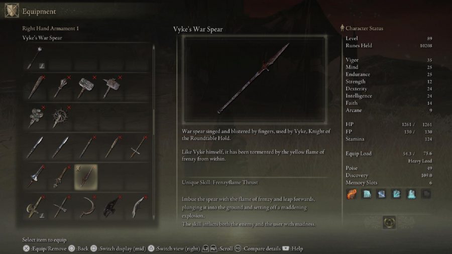 Elden Ring Weapon Tier List：Vyke's WarSpearはメニューで見ることができます