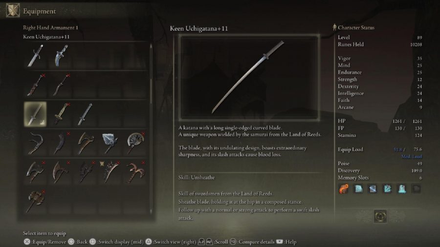 Elden Ring Weapon Tier List：メニューに打刀が表示されます