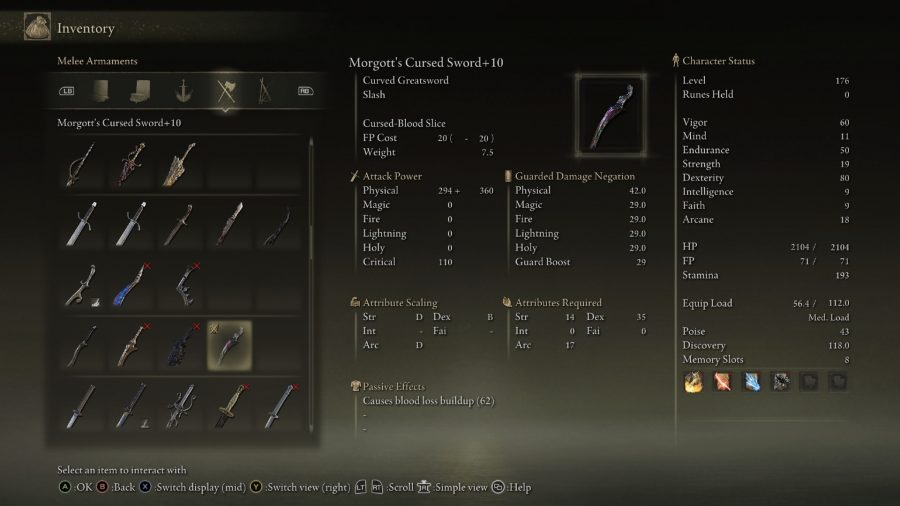 最高のエルデンリングデックス武器：モルゴットの呪われた剣のメニュー