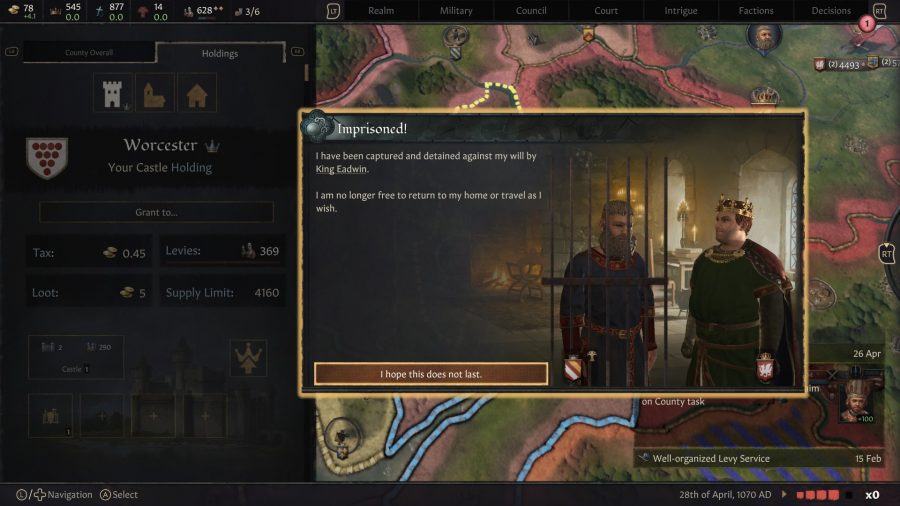 Crusader Kings 3コンソール版：投獄された男を見ている高貴な王を示すゲーム内メッセージ 