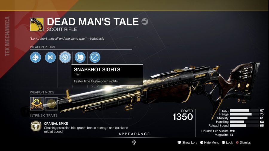 Destiny 2の最高のPvP武器：DeadMan'sTaleスカウトライフルのゲーム内メニュー