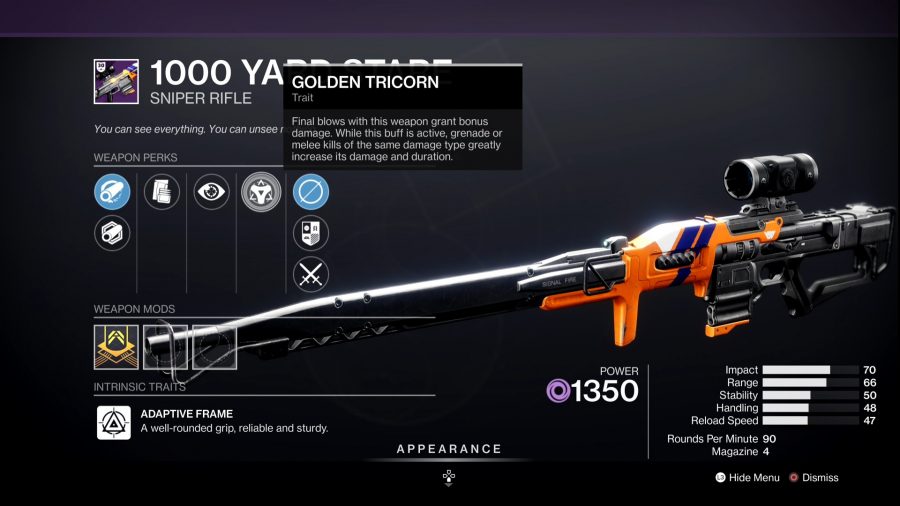 Destiny 2の最高のPvP武器：1000ヤードの凝視狙撃銃のゲーム内メニュー