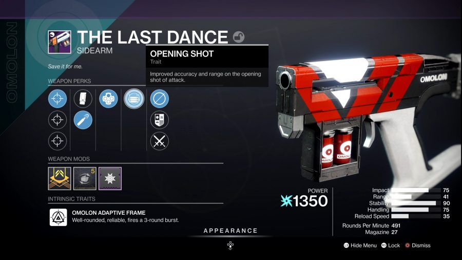 Destiny 2の最高のPvP武器：TheLastDanceサイドアームのゲーム内メニュー