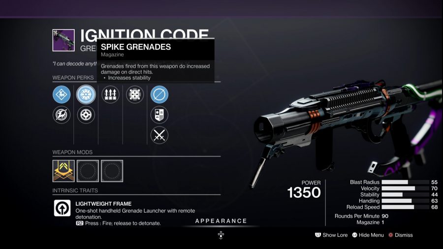 Destiny 2の最高のPvP武器：イグニッションコードグレネードランチャーのゲーム内メニュー