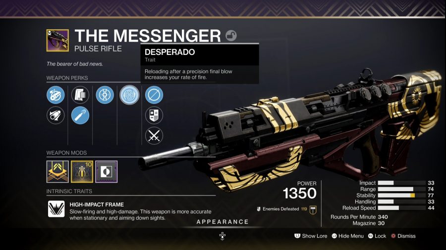 Destiny 2の最高のPvP武器：メッセンジャーパルスライフルのゲーム内メニュー