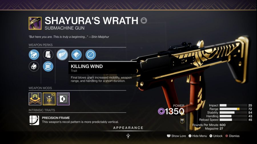 Destiny 2の最高のPvP武器：Shayura'sWrathSMGのゲーム内メニュー