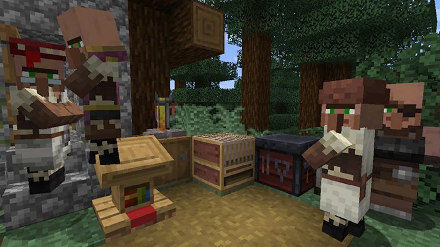 Minecraftの村人：ジョブブロックの近くにいる村人のグループ