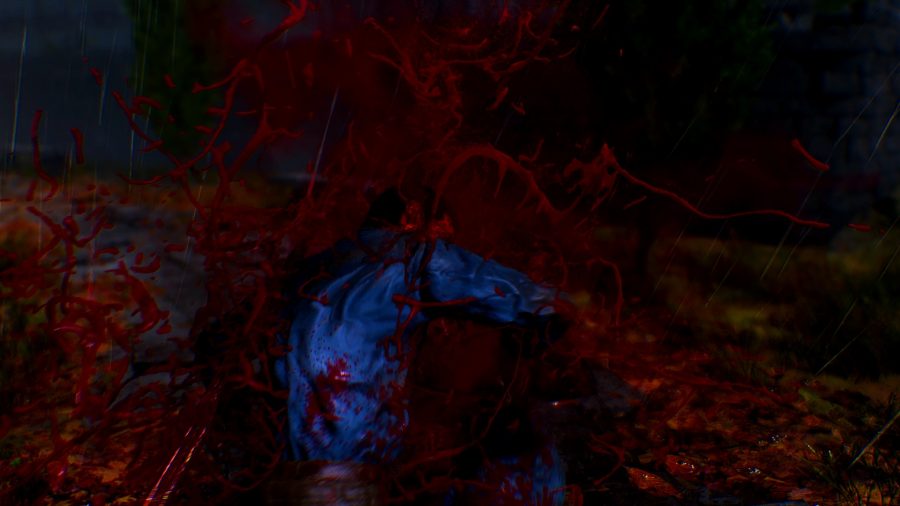 Evil Dead The Game Review：ゲーム実行の動きで血まみれのアッシュを実行している画像