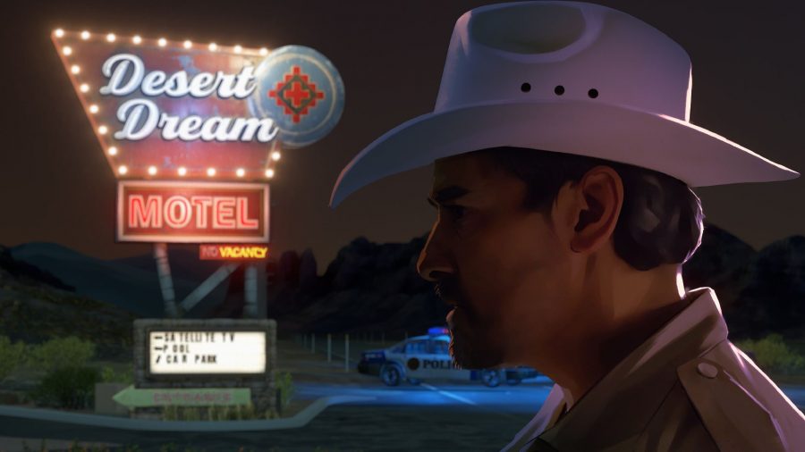 夕暮れの滝のレビューとして：砂漠の夢のモーテルの看板の前にダンテが見えます