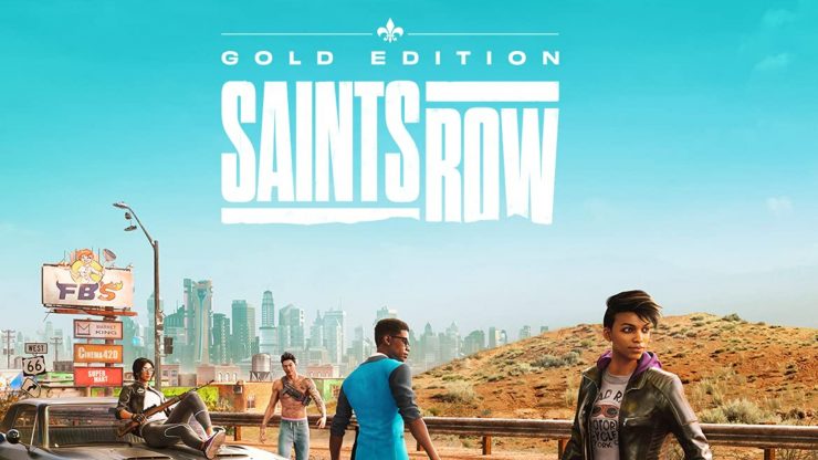Saints Row 再起動予約注文: 画像は、Saints Row Gold: Edition ロゴの下の道端に立っている人々のグループを示しています。