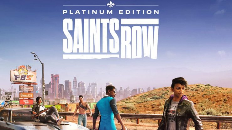 Saints Row の予約注文: アートワークはゲームのロゴのプラチナ エディションを示しており、ゴールド エディションで見られるものよりも暗い空の下にキャラクターのグループが立っていますが、それ以外の画像は同じです.