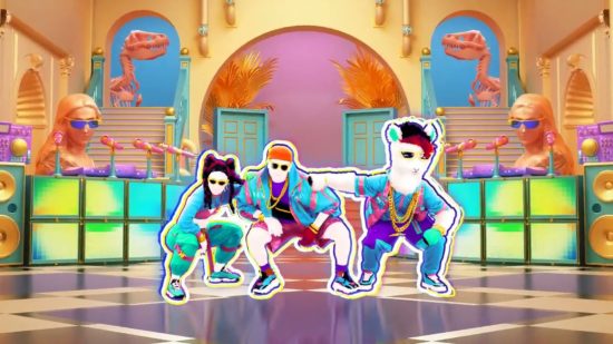 子供向けの最高の Nintendo Switch ゲーム: Just Dance 2022 のダンス ルーチン中に 3 人のダンサーがしゃがむ