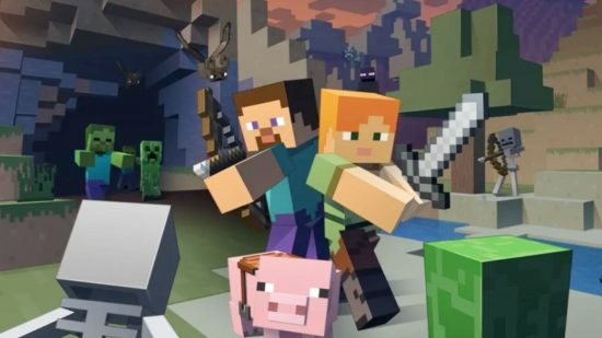子供向けの最高のニンテンドー スイッチ ゲーム: 2 人の Minecraft プレイヤーと戦いの準備ができている豚
