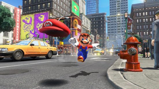 子供向けの最高のNintendo Switchゲーム：マリオオデッセイの通りでマリオが空中をパンチ