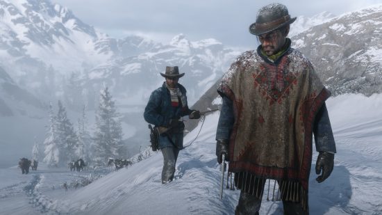 最高の Xbox オープン ワールド ゲーム: Red Dead Redemption 2 で 2 人のカウボーイが雪の中で群れをリード