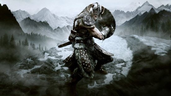 Xbox オープン ワールド ゲーム: Skyrim の兵士が剣と盾の準備をする