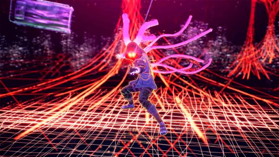 PS5 RPG ゲーム: スカーレット ネクサスの赤く照らされた部屋で、フード付きのフィギュアがハンド パワーを使用する
