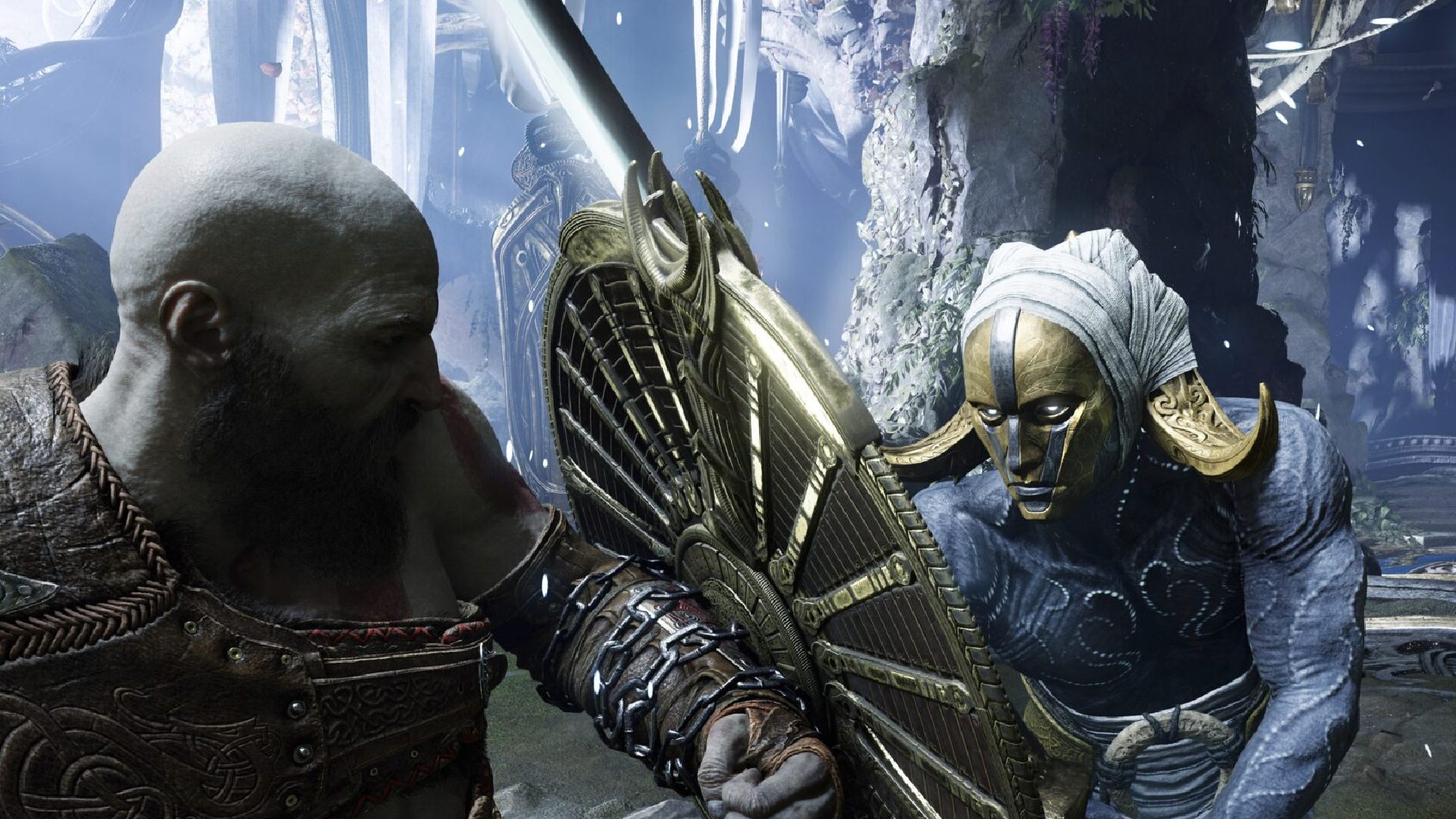 god-of-war-ragnarok-walkthrough: Kratos が剣をブロックしているのが見える