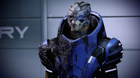 Xbox RPG ゲーム: Mass Effect の青い鎧を着た Garrus
