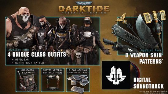 Warhammer 40K Darktide 化粧品: インペリアル エディションの販促資料で、プレイヤーが受け取る多くの化粧品アイテムを紹介しています。