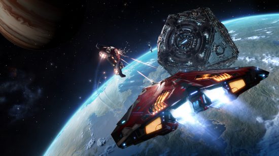 最高の PS5 宇宙ゲーム: 船が宇宙を疾走し、エリート デンジャラスで別の船と戦っている